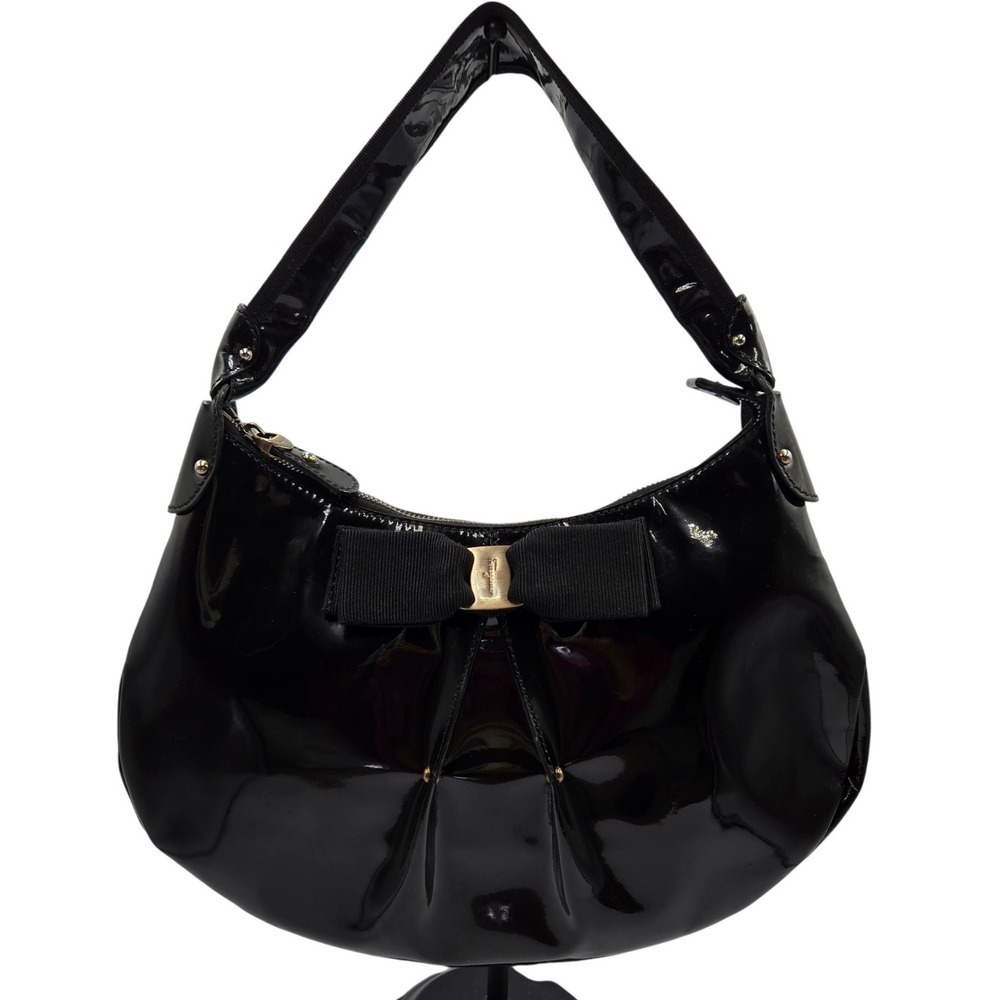 Salvatore Ferragamo‎ Black Patent Leather Bow Vala Hobo Bag Purse Designer